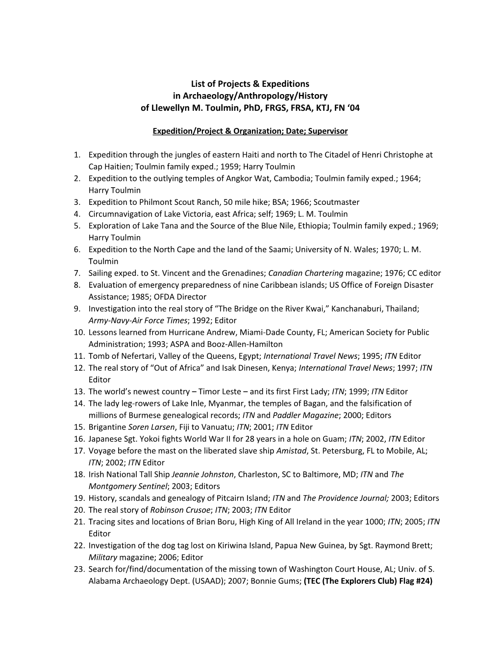 List of Projects & Expeditions in Archaeology/Anthropology/History of Llewellyn M. Toulmin, Phd, FRGS, FRSA, KTJ, FN