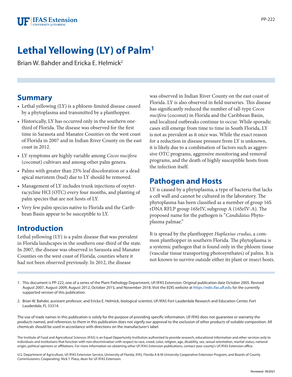 Lethal Yellowing (LY) of Palm1 Brian W