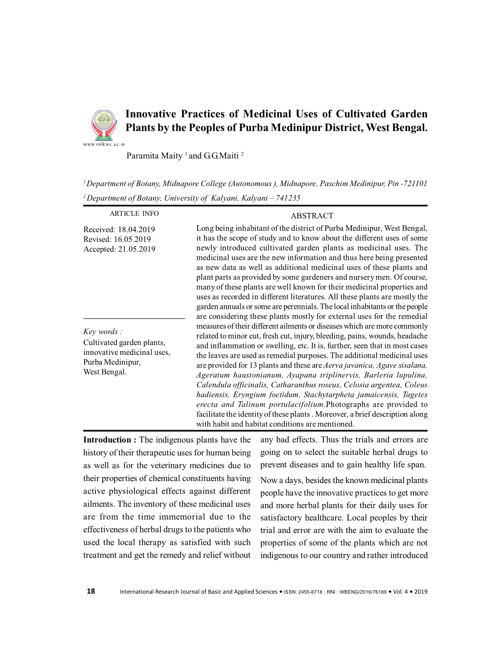 Innovative Practices of Medicinal Uses of Cultivated Garden Plants by the Peoples of Purba Medinipur District, West Bengal