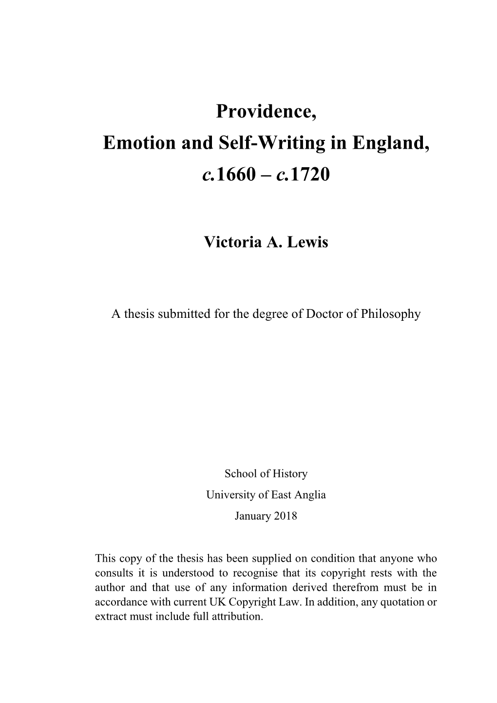 Providence, Emotion and Self-Writing in England, C.1660 – C.1720