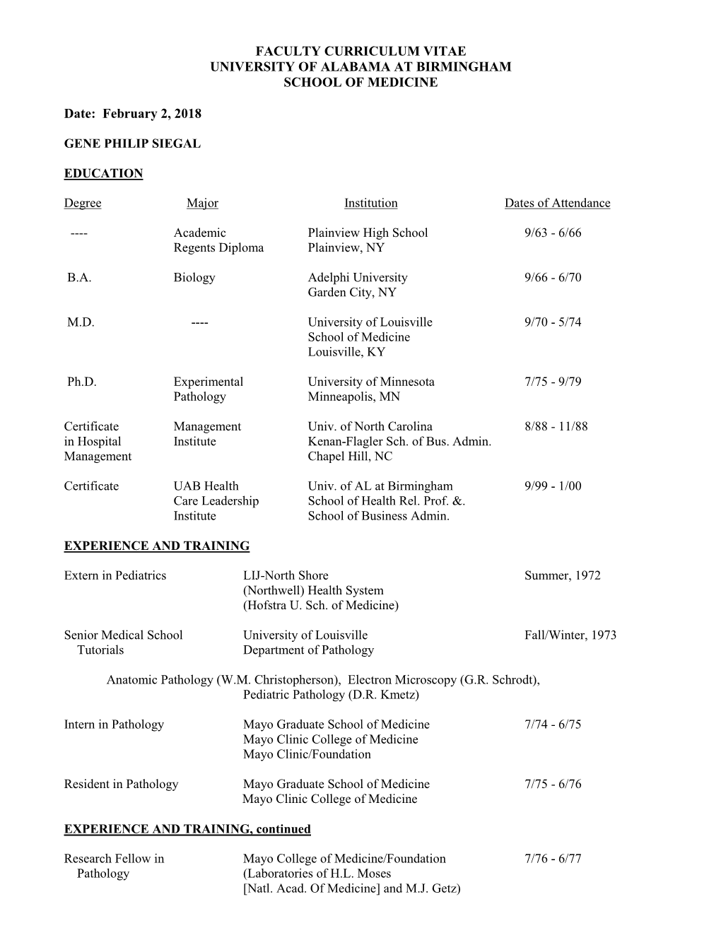 Faculty Curriculum Vitae University of Alabama at Birmingham School of Medicine