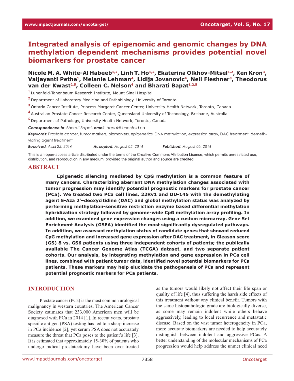 Integrated Analysis of Epigenomic and Genomic Changes by DNA Methylation Dependent Mechanisms Provides Potential Novel Biomarkers for Prostate Cancer