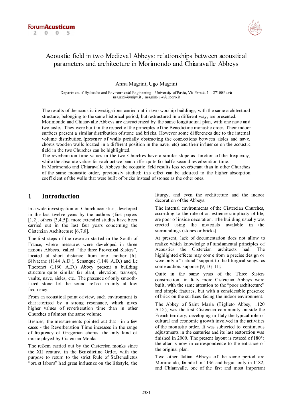 Acoustic Field in Two Medieval Abbeys: Relationships Between Acoustical Parameters and Architecture in Morimondo and Chiaravalle Abbeys