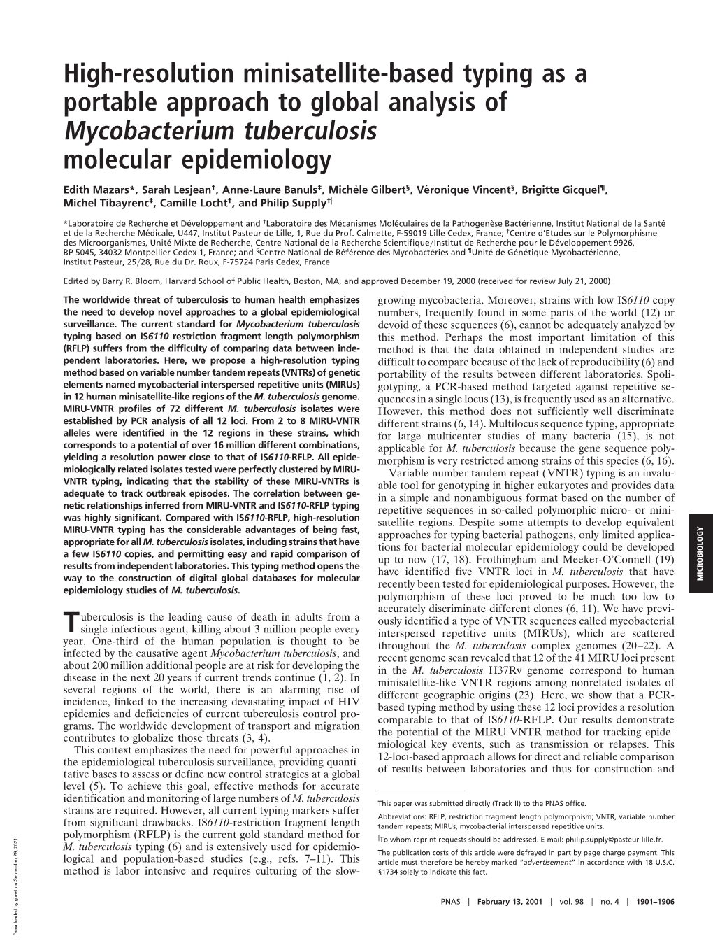 High-Resolution Minisatellite-Based Typing As a Portable Approach to Global Analysis of Mycobacterium Tuberculosis Molecular Epidemiology