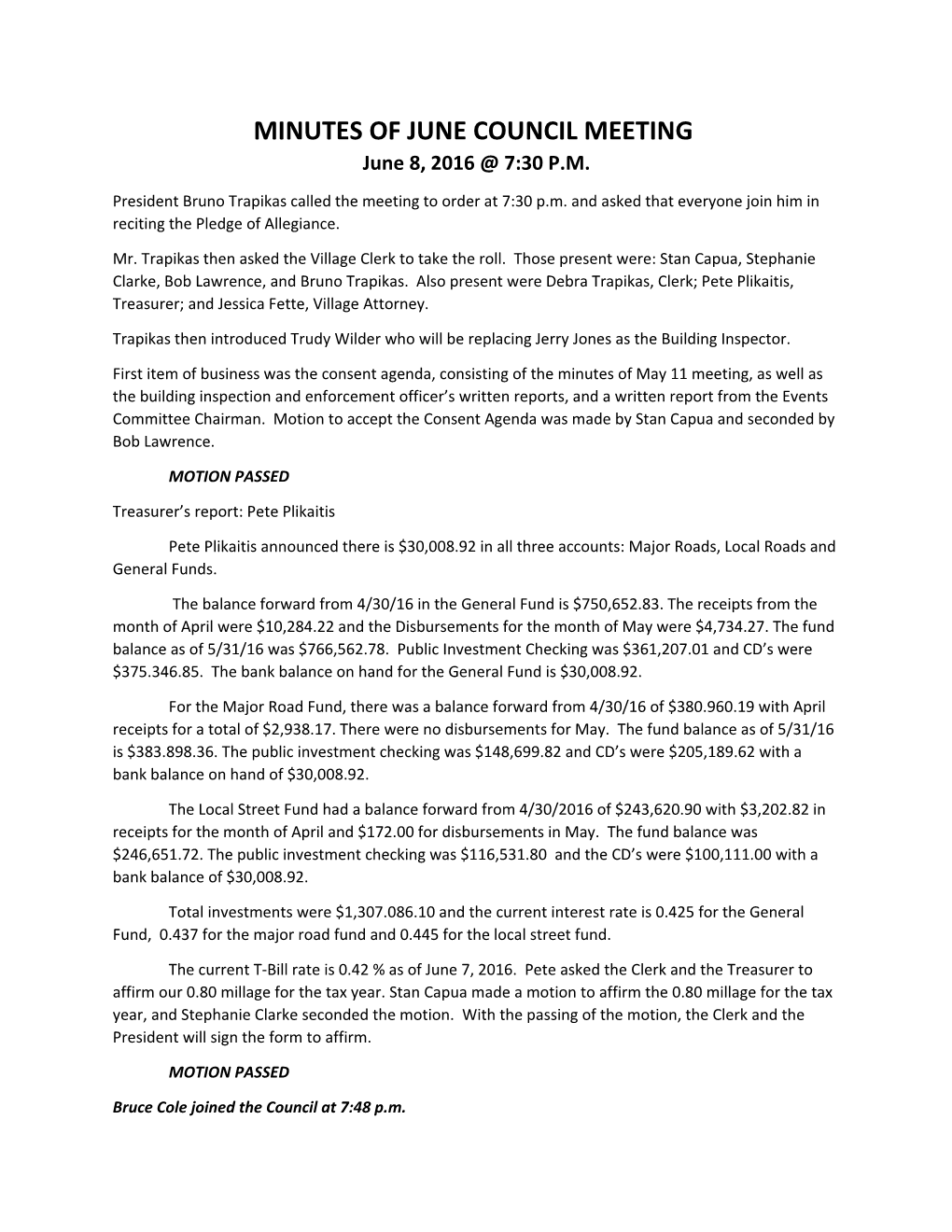 MINUTES of JUNE COUNCIL MEETING June 8, 2016 7:30 P.M