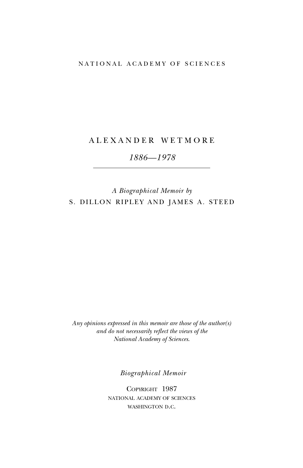 ALEXANDER WETMORE June 18, 1886-December 7,1978