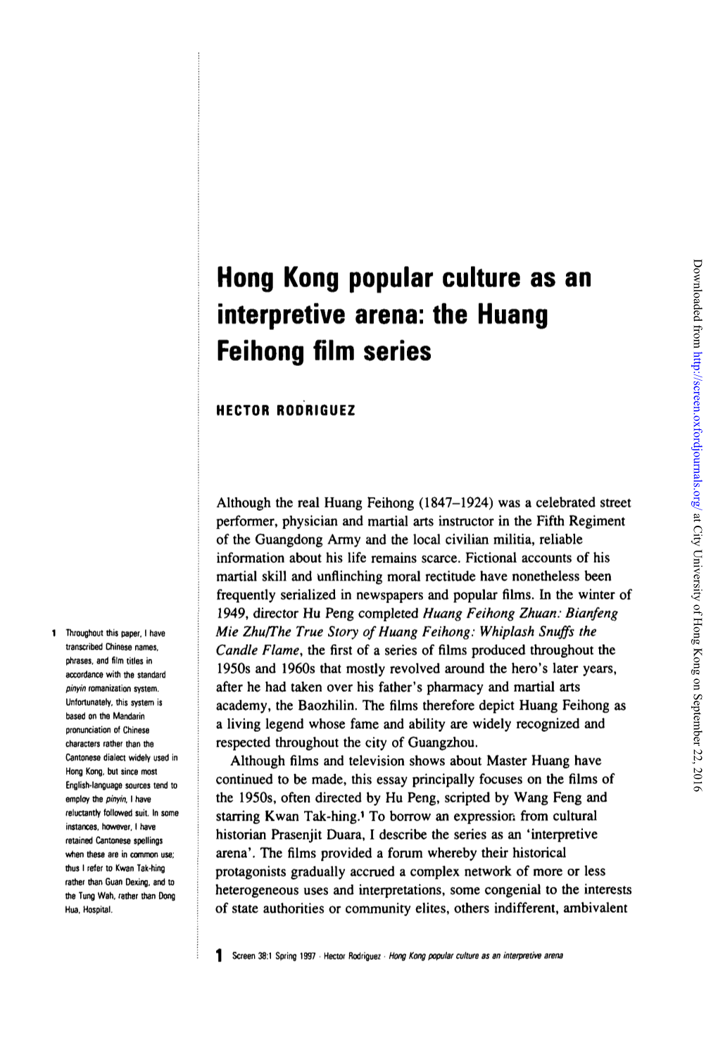 Hong Kong Popular Culture As an Interpretive Arena: the Huang