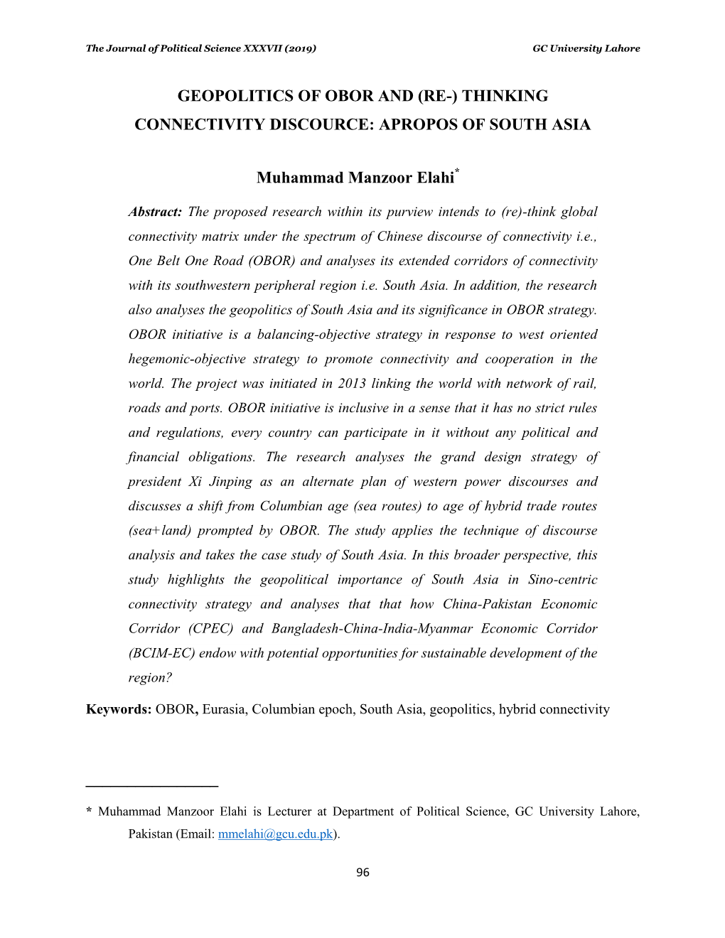 Geopolitics of Obor and (Re-) Thinking Connectivity Discource: Apropos of South Asia