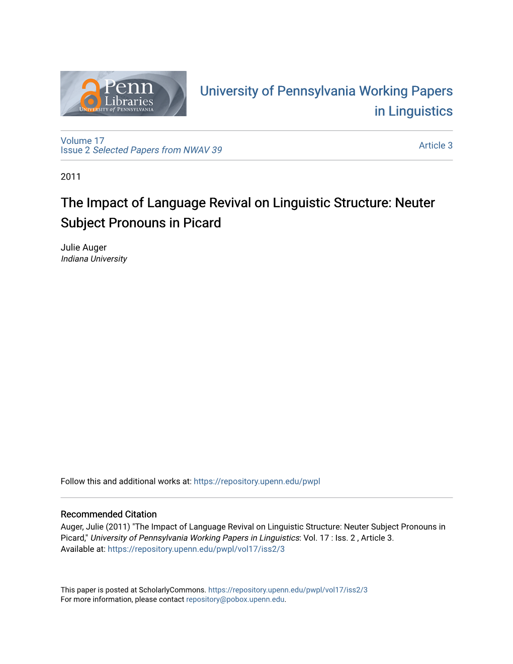 The Impact of Language Revival on Linguistic Structure: Neuter Subject Pronouns in Picard