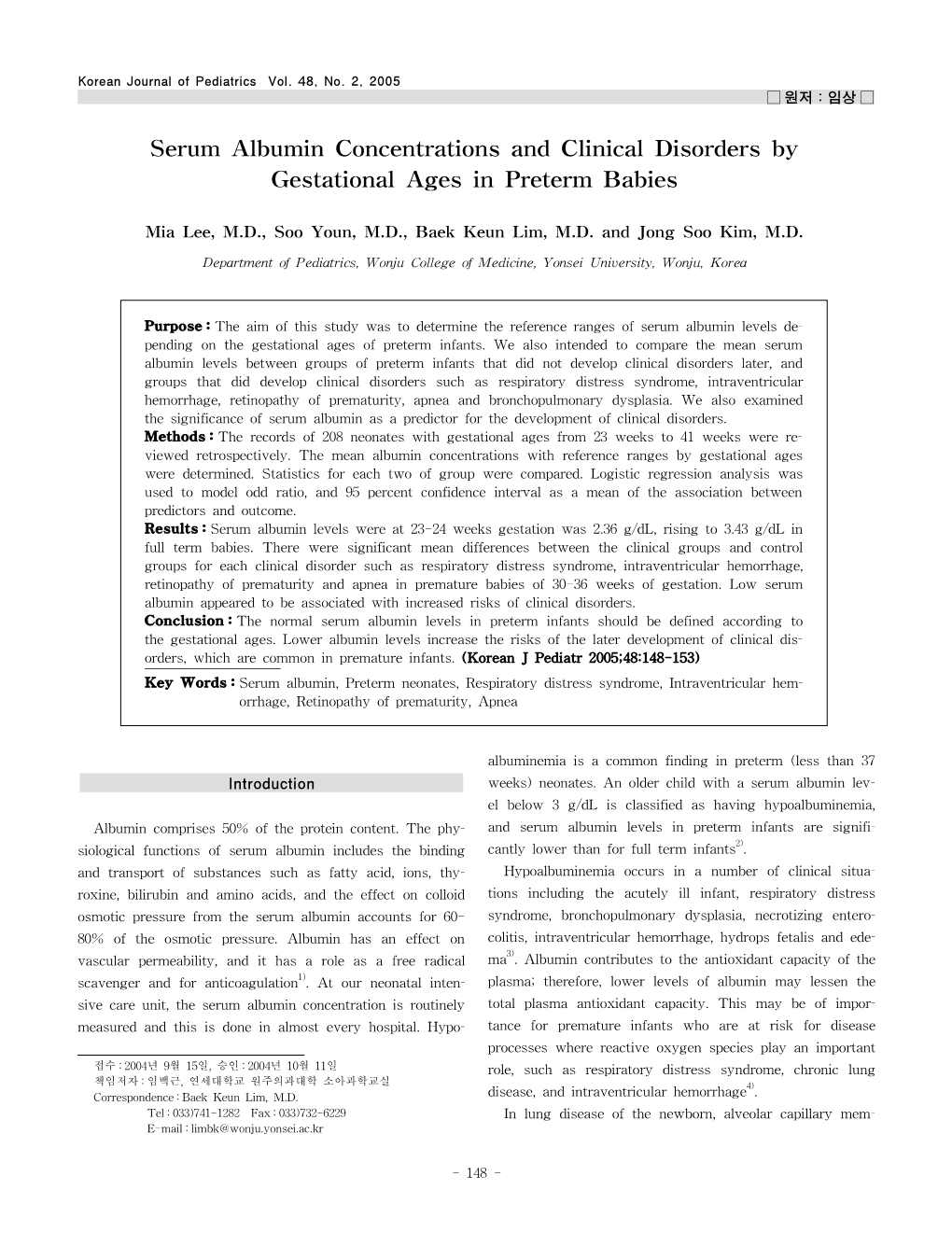 Serum Albumin Concentrations and Clinical Disorders by Gestational Ages in Preterm Babies