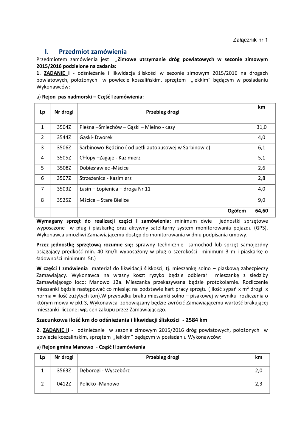 I. Przedmiot Zamówienia Przedmiotem Zamówienia Jest „Zimowe Utrzymanie Dróg Powiatowych W Sezonie Zimowym 2015/2016 Podzielone Na Zadania: 1