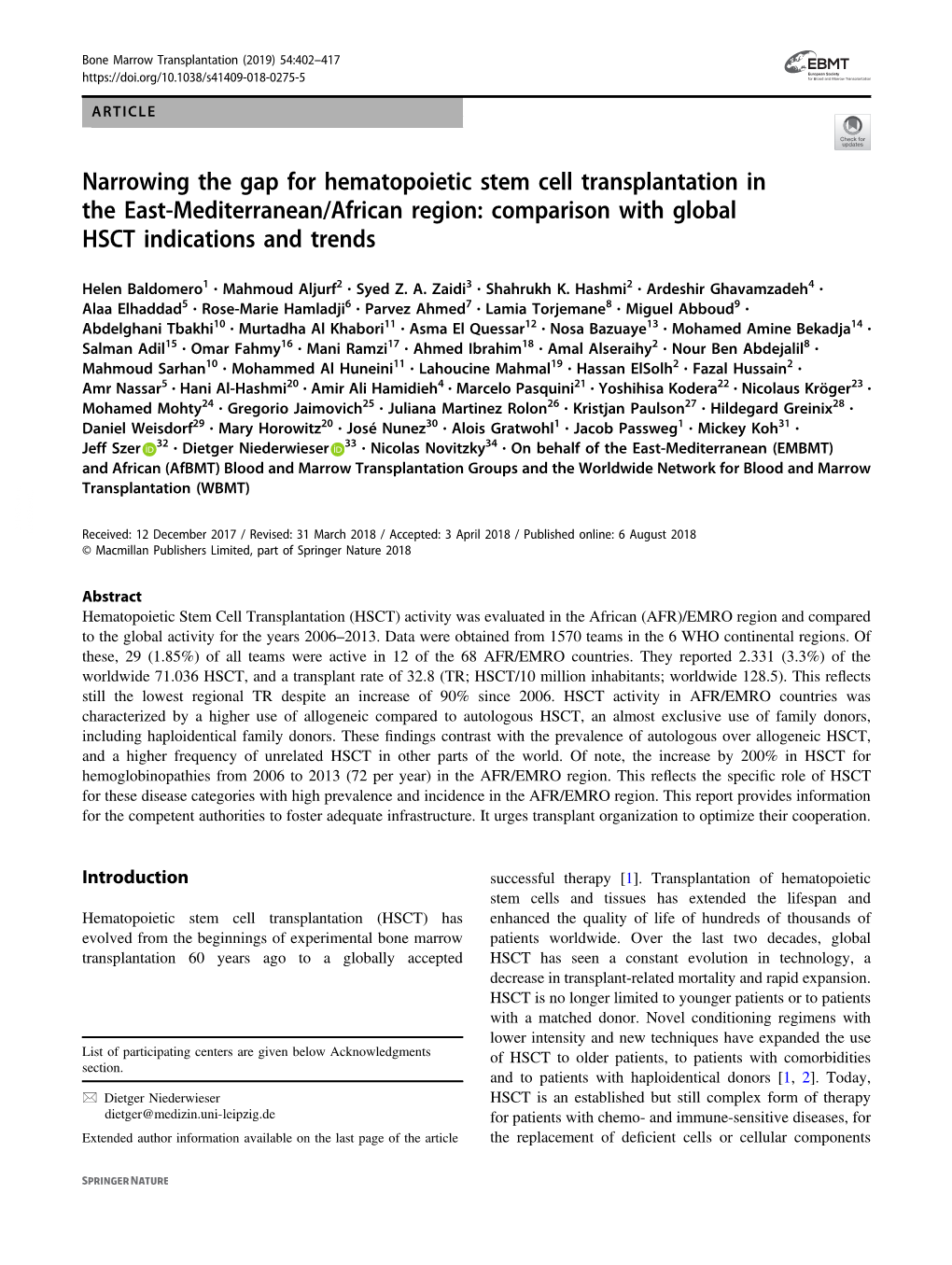 Narrowing the Gap for Hematopoietic Stem Cell Transplantation in the East-Mediterranean/African Region: Comparison with Global HSCT Indications and Trends