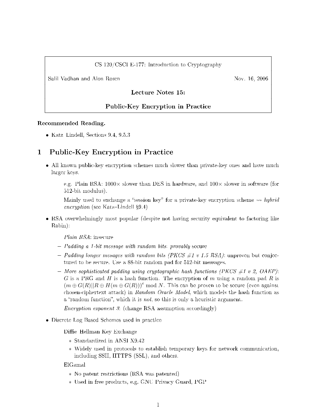 Lecture Notes 15: Public-Key Encryption in Practice