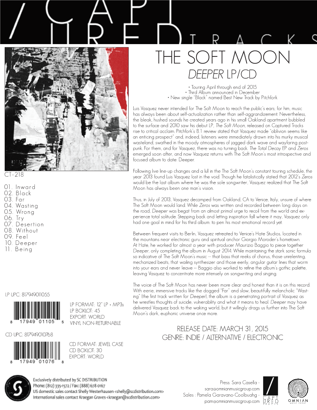 THE SOFT MOON DEEPER LP/CD • Touring April Through End of 2015 • Third Album Announced in December • New Single “Black” Named Best New Track by Pitchfork