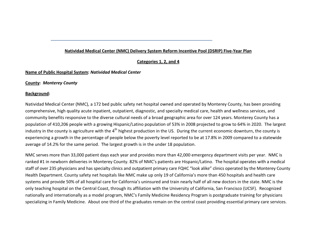 Natividad Medical Center (NMC) Delivery System Reform Incentive Pool (DSRIP) Five-Year Plan