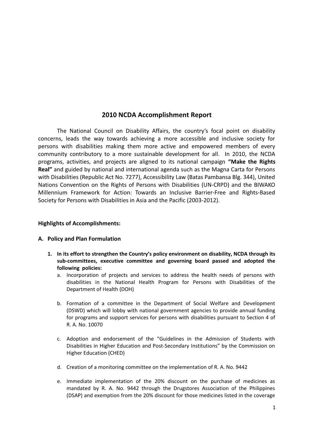 2010 NCDA Accomplishment Report