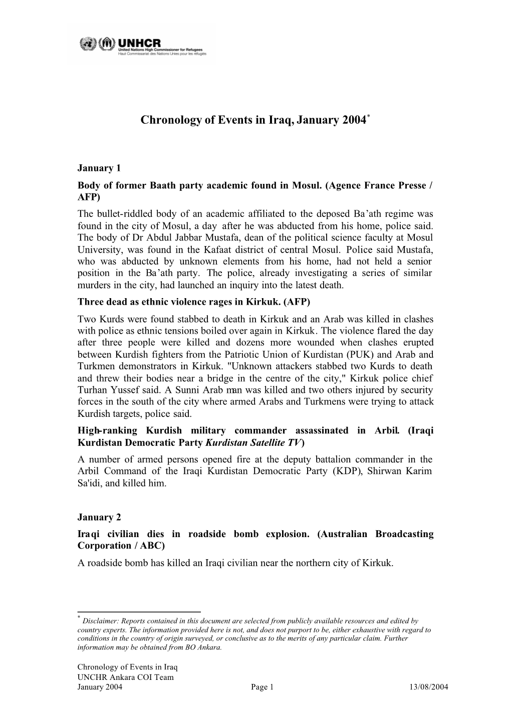 Chronology of Events in Iraq, January 2004*