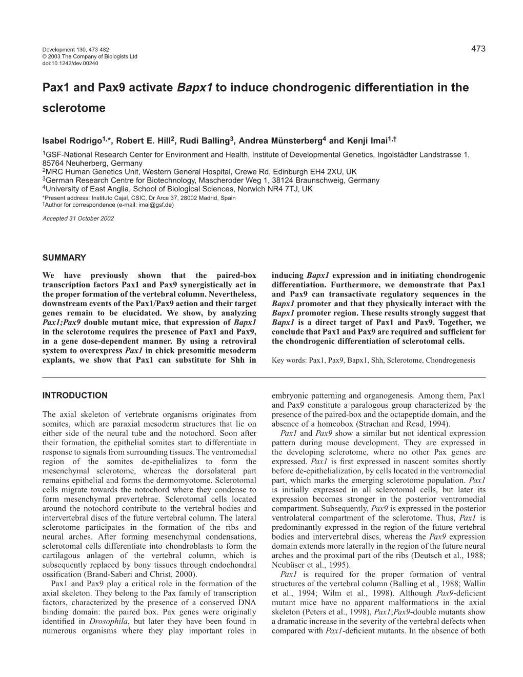 Pax1 and Pax9 Activate Bapx1 to Induce Chondrogenic Differentiation in the Sclerotome