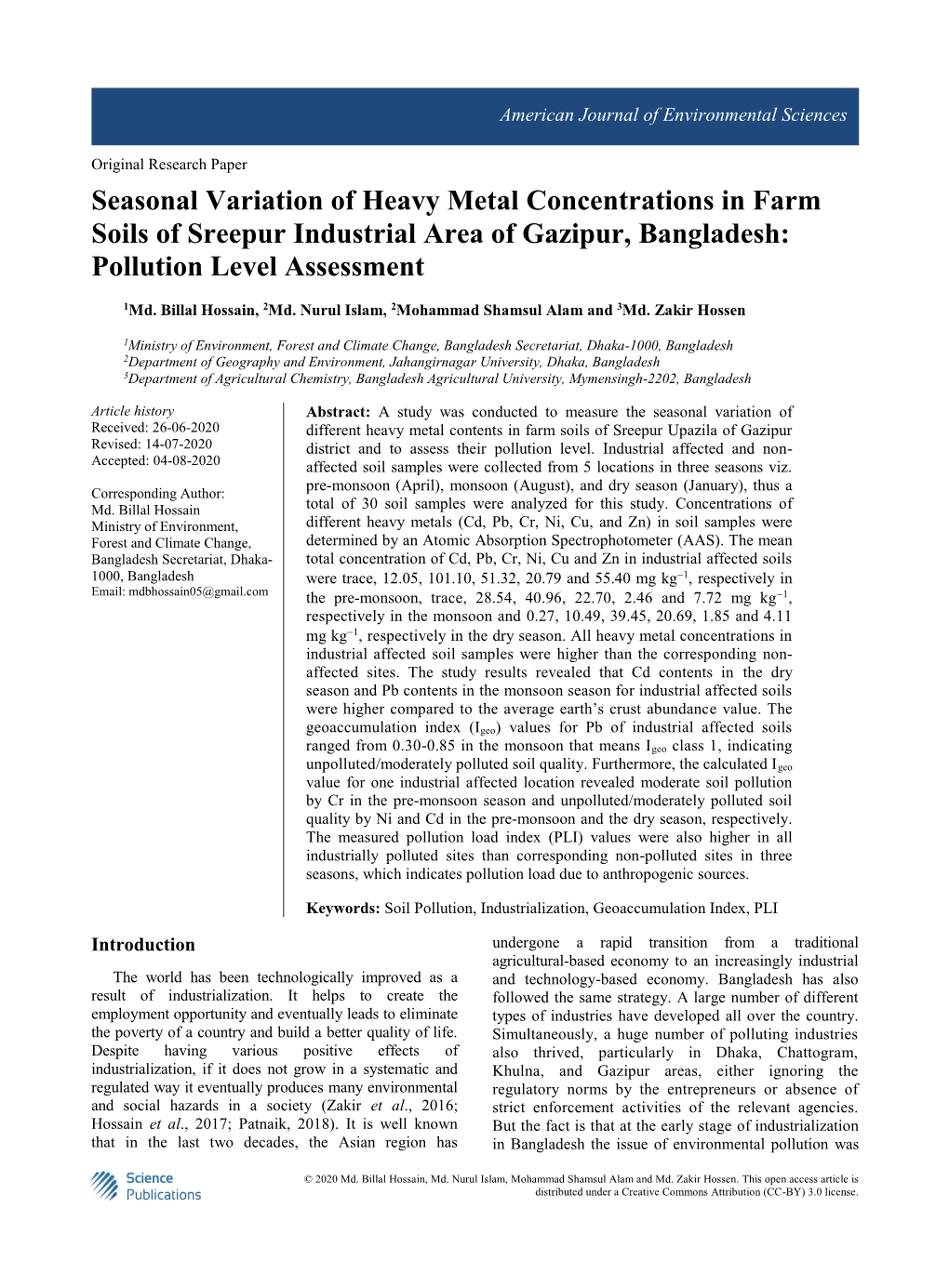 Seasonal Variation of Heavy Metal Concentrations in Farm Soils of Sreepur Industrial Area of Gazipur, Bangladesh: Pollution Level Assessment