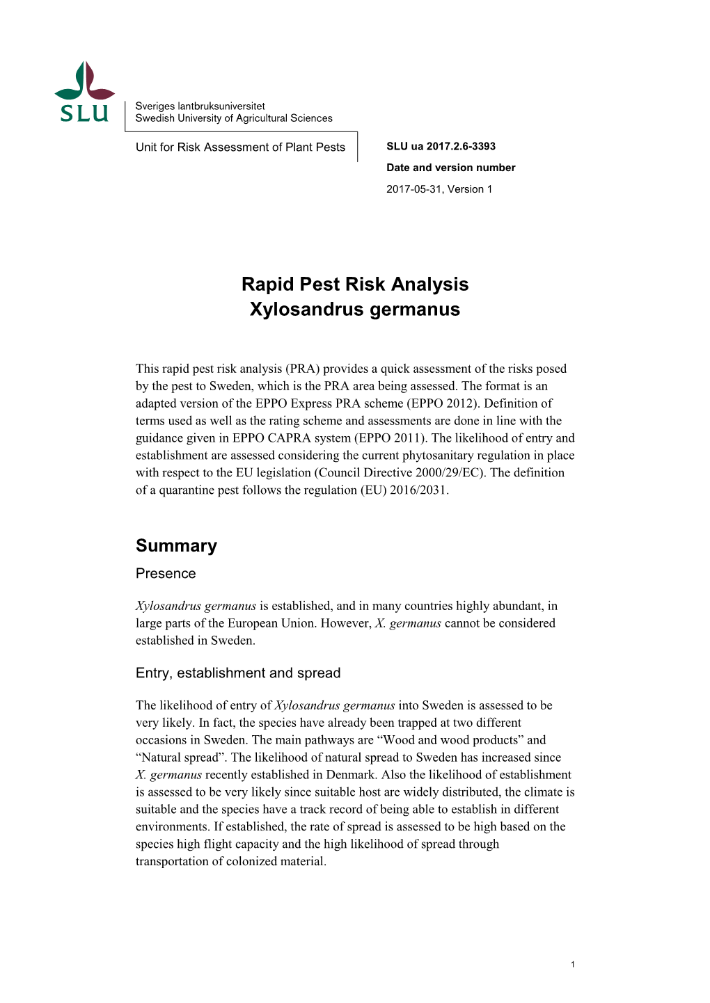 Rapid Pest Risk Analysis Xylosandrus Germanus