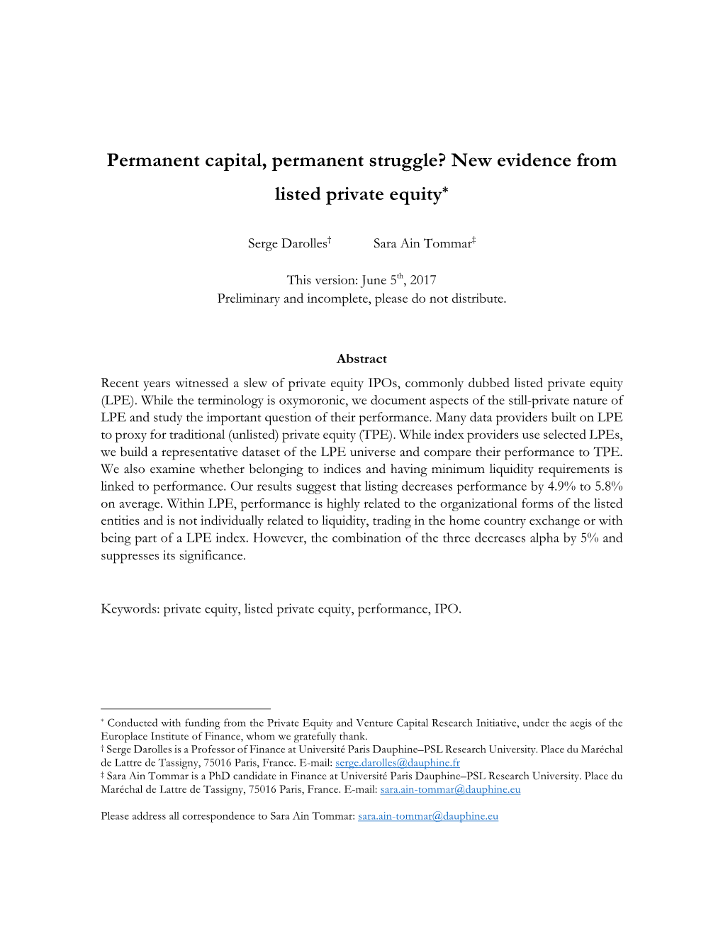 Permanent Capital, Permanent Struggle? New Evidence from Listed Private Equity*