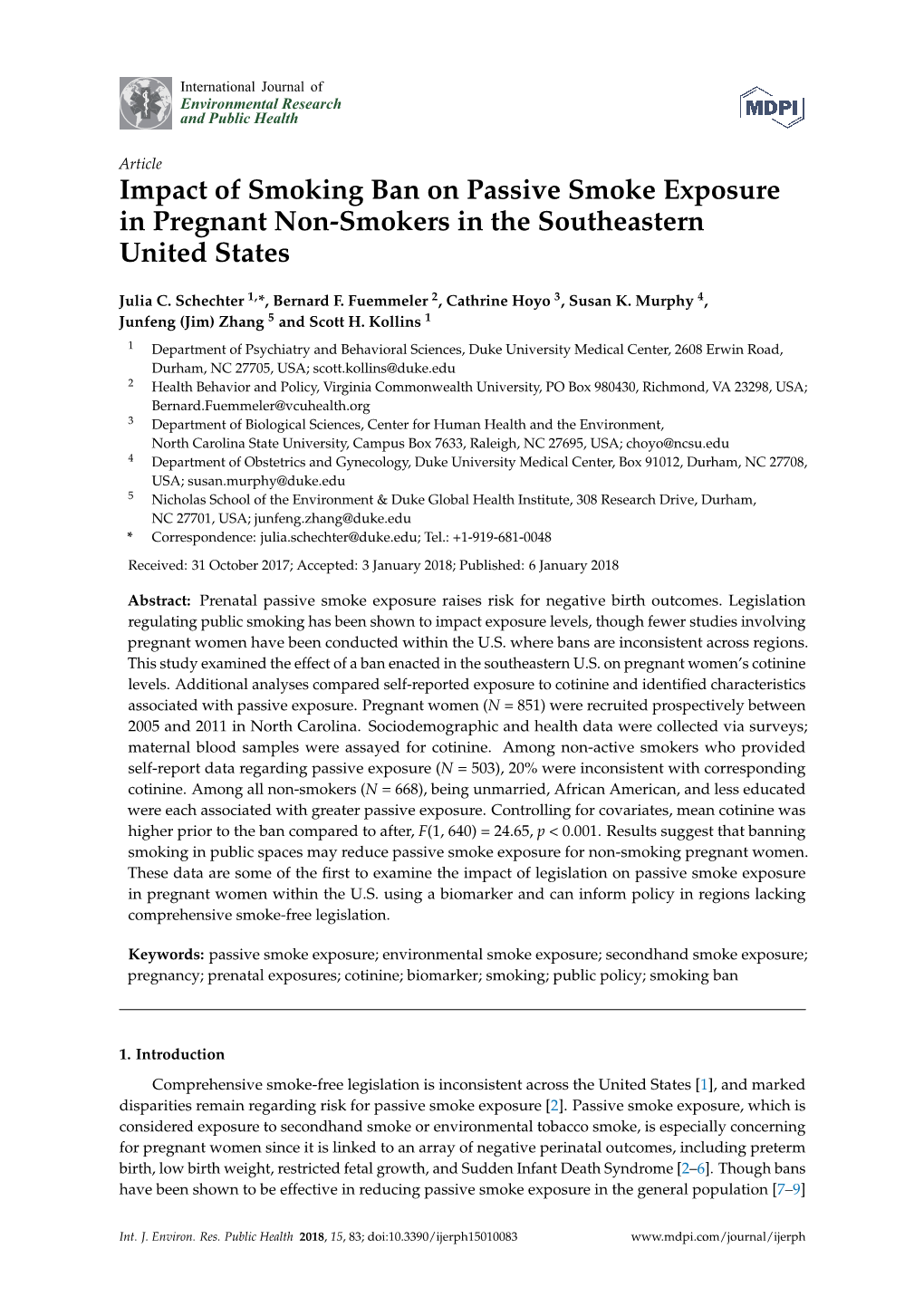 Impact of Smoking Ban on Passive Smoke Exposure in Pregnant Non-Smokers in the Southeastern United States