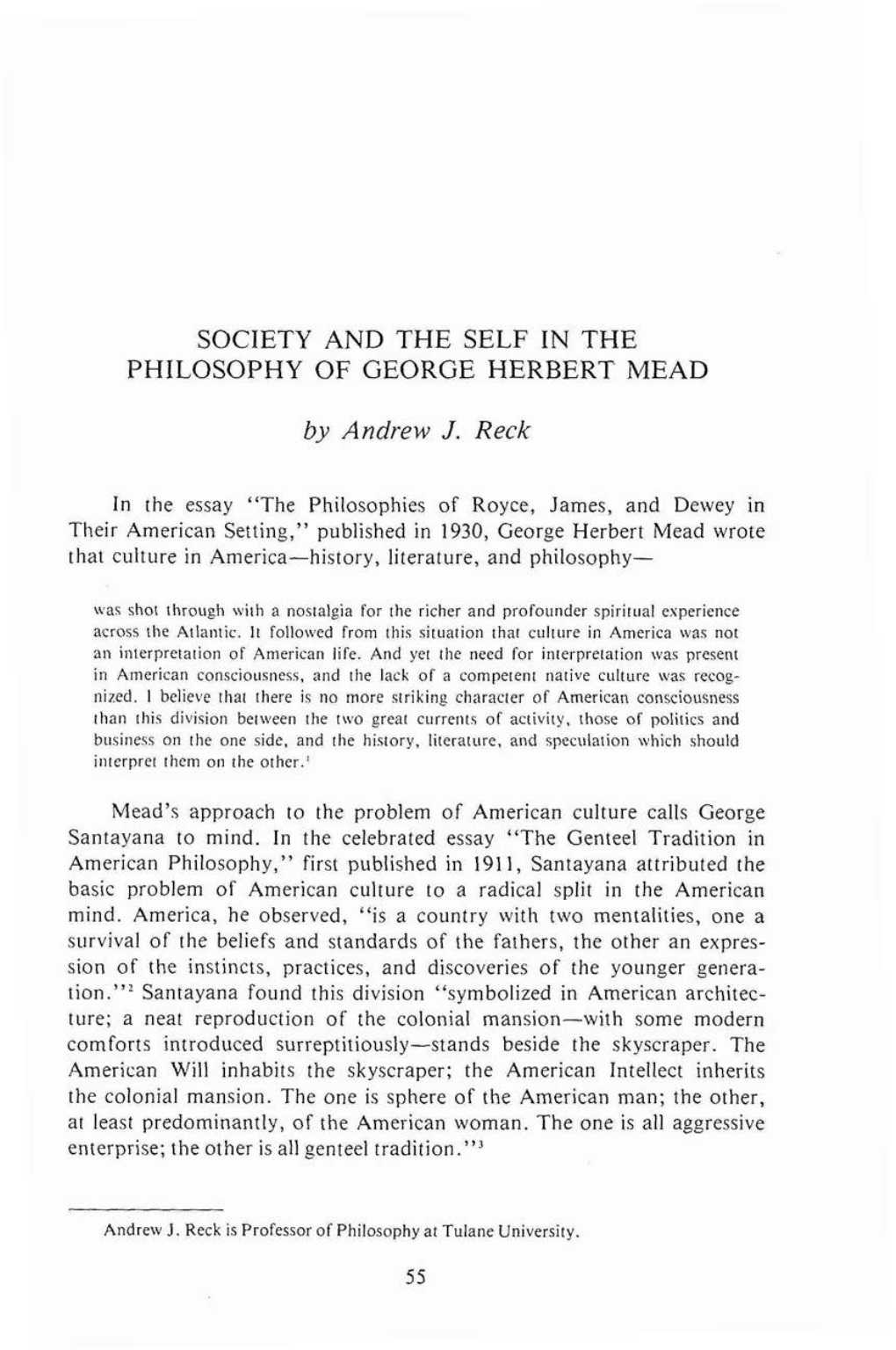 Society and the Self in the Philosophy of George Herbert Mead