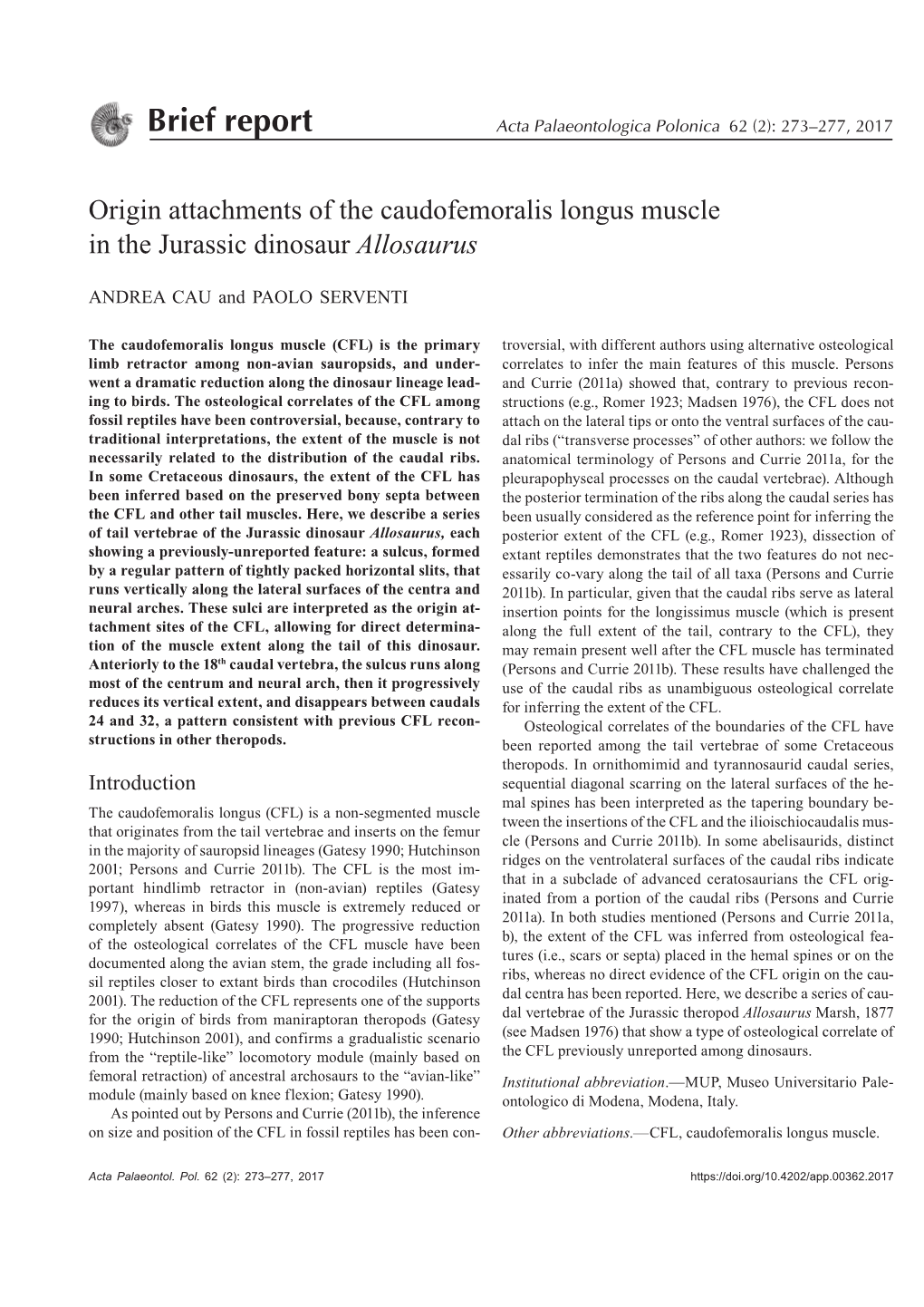 Brief Report Acta Palaeontologica Polonica 62 (2): 273–277, 2017