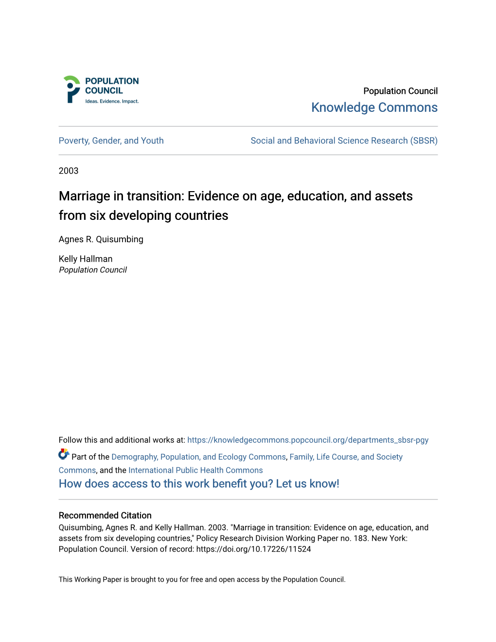 Evidence on Age, Education, and Assets from Six Developing Countries