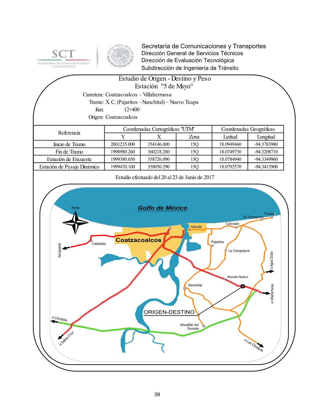 Estudio De Origen - Destino Y Peso Estación ''5 De Mayo'' Carretera: Coatzacoalcos – Villahermosa Tramo: X