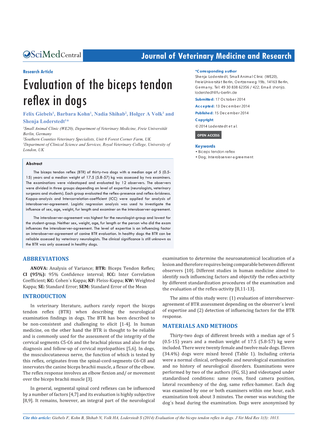 Evaluation of the Biceps Tendon Reflex in Dogs