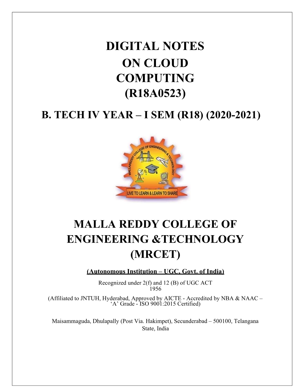 Digital Notes on Cloud Computing (R18a0523) B