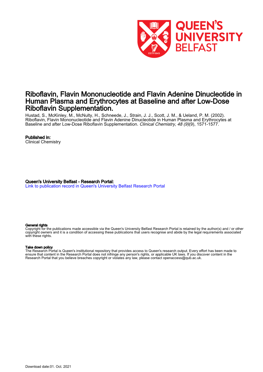 Riboflavin, Flavin Mononucleotide and Flavin Adenine Dinucleotide in Human Plasma and Erythrocytes at Baseline and After Low-Dose Riboflavin Supplementation