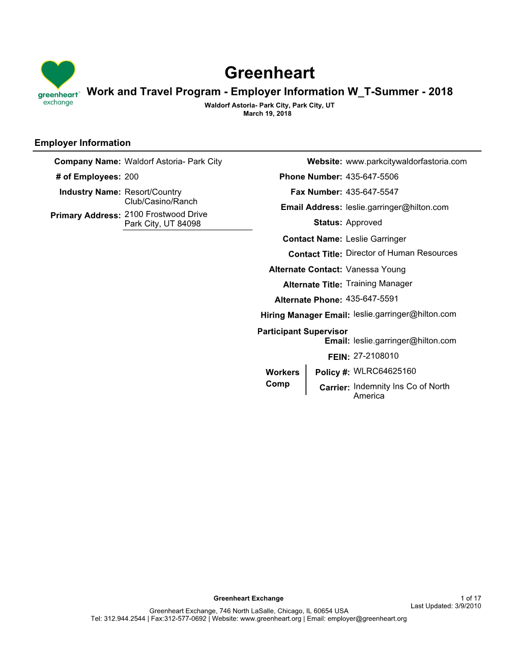 Greenheart Work and Travel Program - Employer Information W T-Summer - 2018 Waldorf Astoria- Park City, Park City, UT March 19, 2018