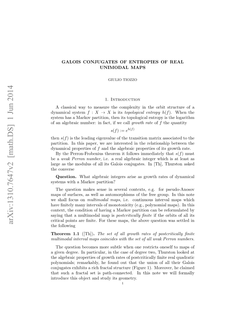 Arxiv:1310.7647V2 [Math.DS] 1 Jun 2014 the Following Theorem 1.1 ([Th])