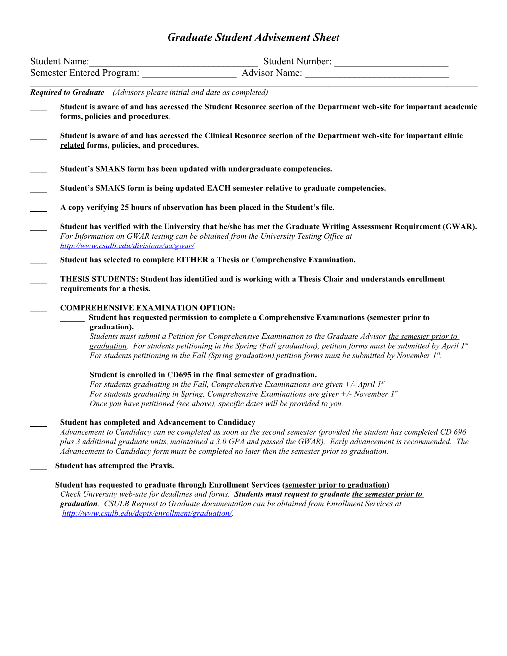 Graduate Student Advisement Sheet