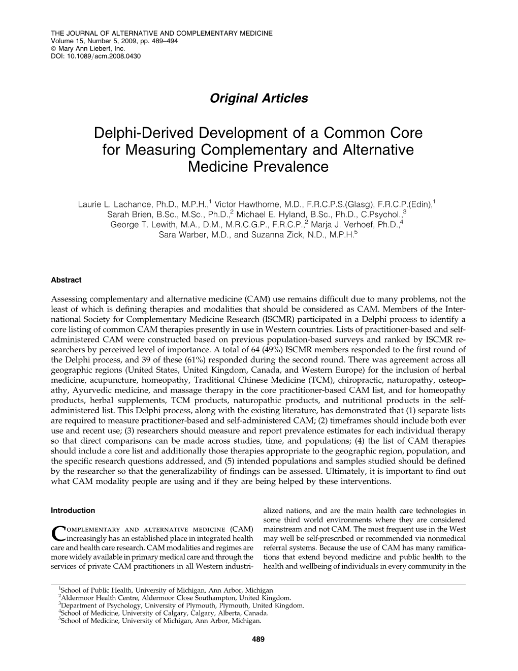 Delphi-Derived Development of a Common Core for Measuring Complementary and Alternative Medicine Prevalence