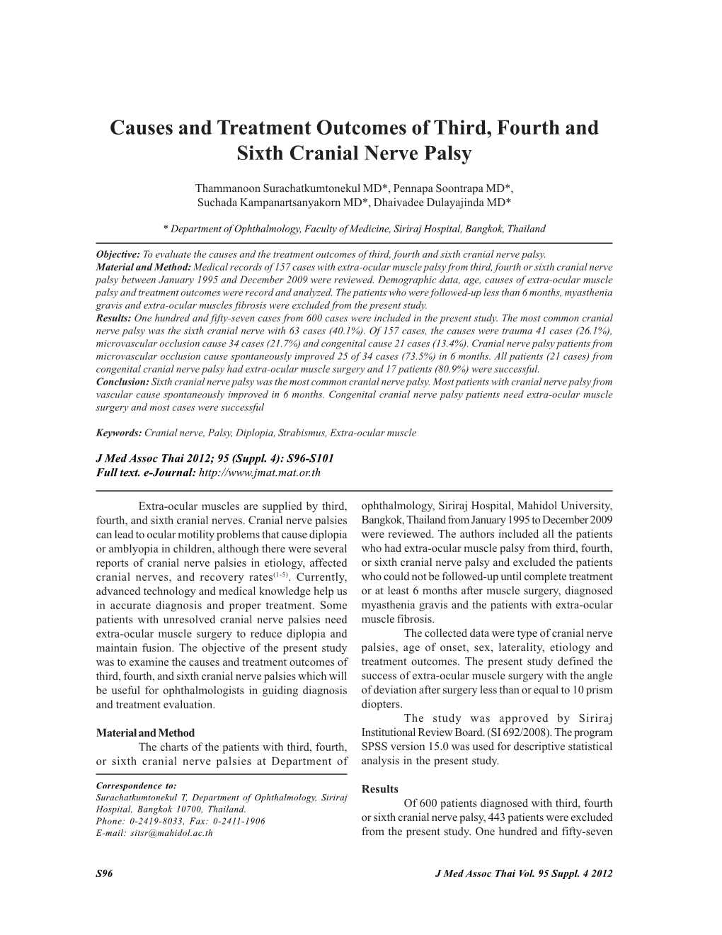 Causes and Treatment Outcomes of Third, Fourth and Sixth Cranial Nerve Palsy