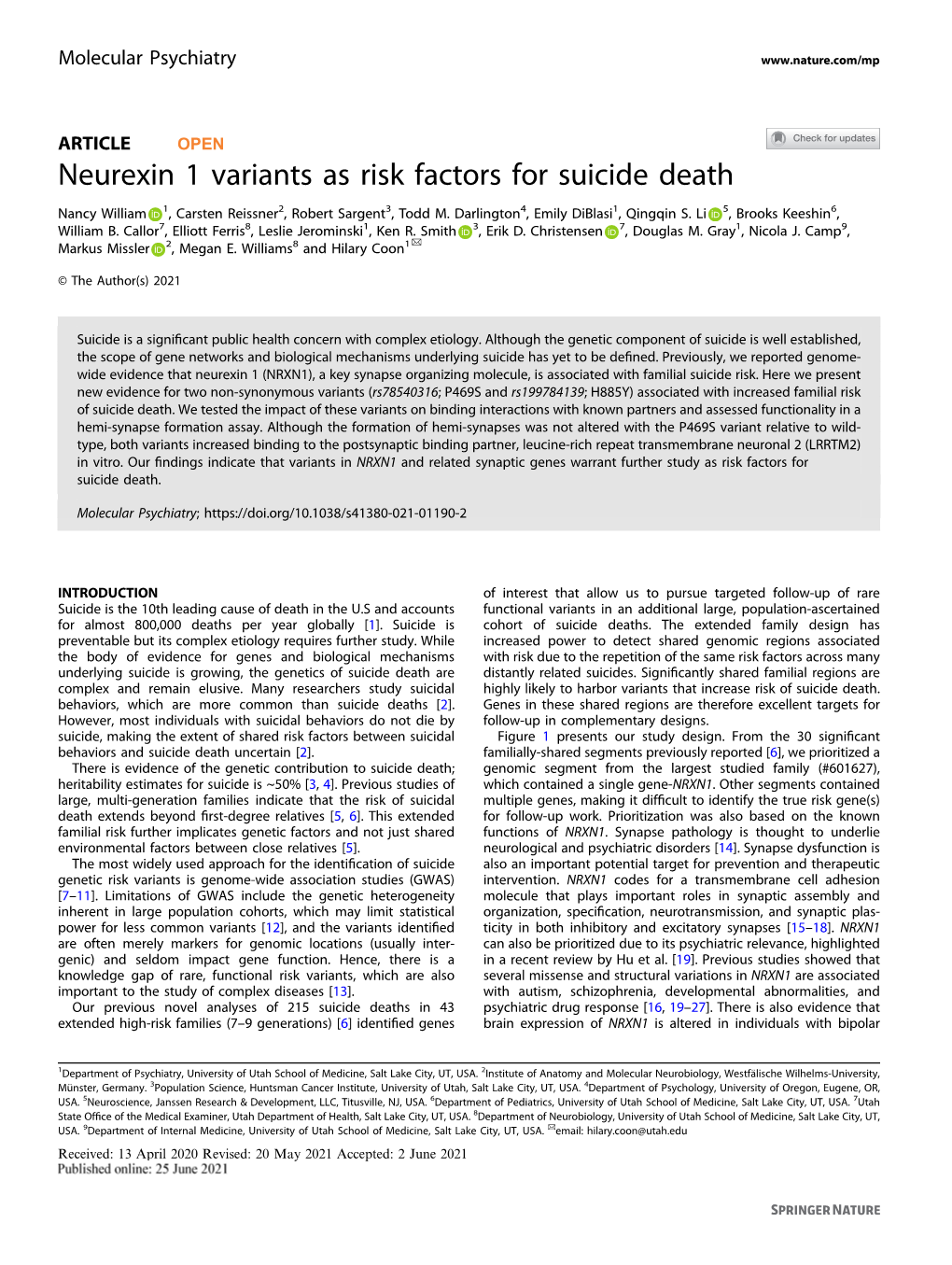 Neurexin 1 Variants As Risk Factors for Suicide Death