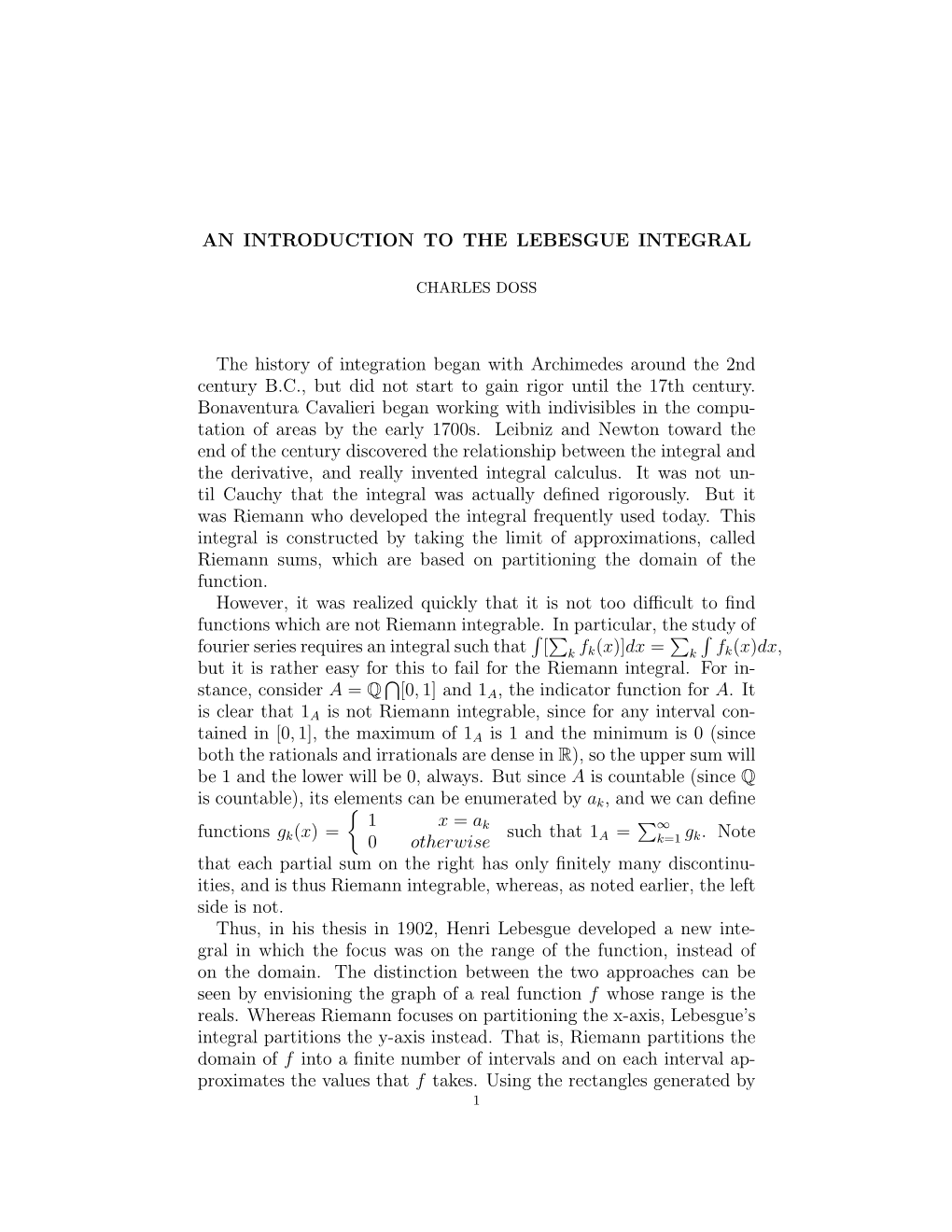 AN INTRODUCTION to the LEBESGUE INTEGRAL the History