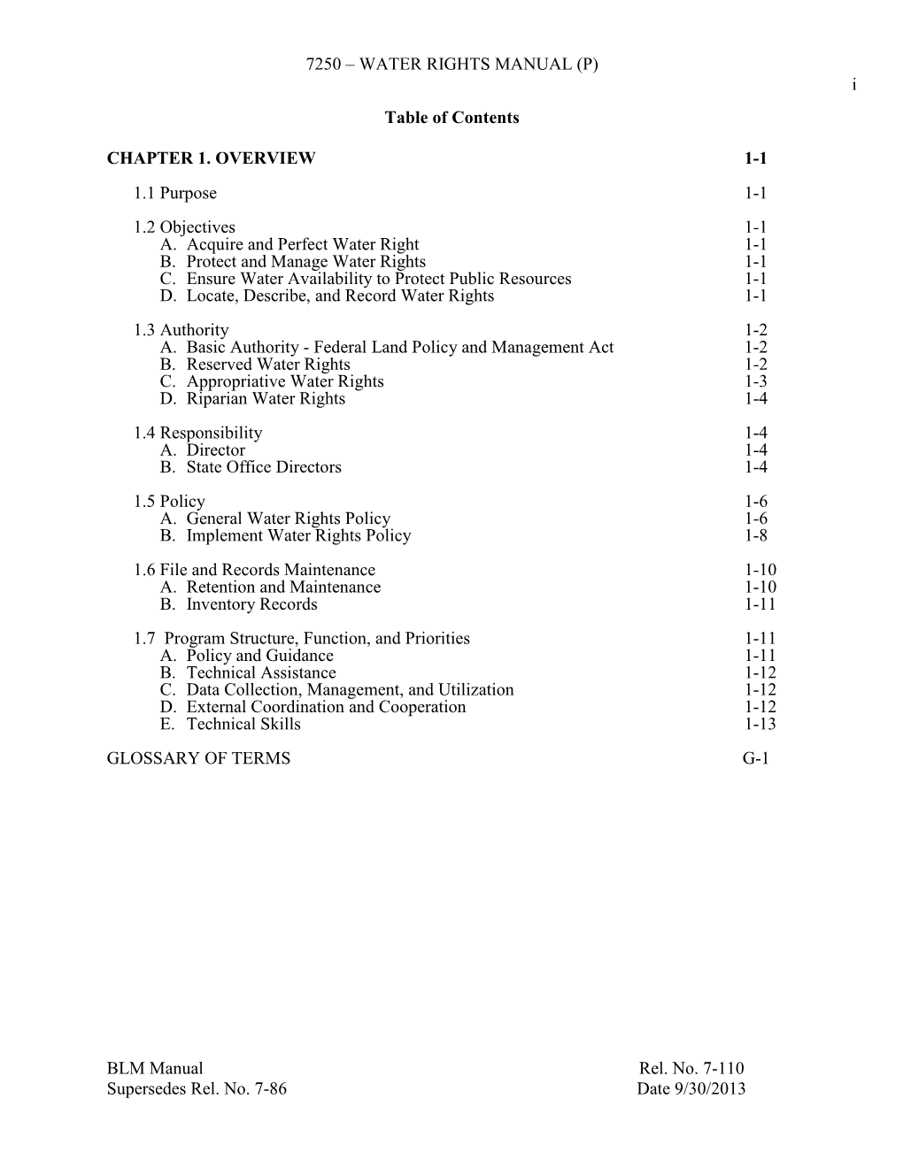 7250 – WATER RIGHTS MANUAL (P) I Table of Contents