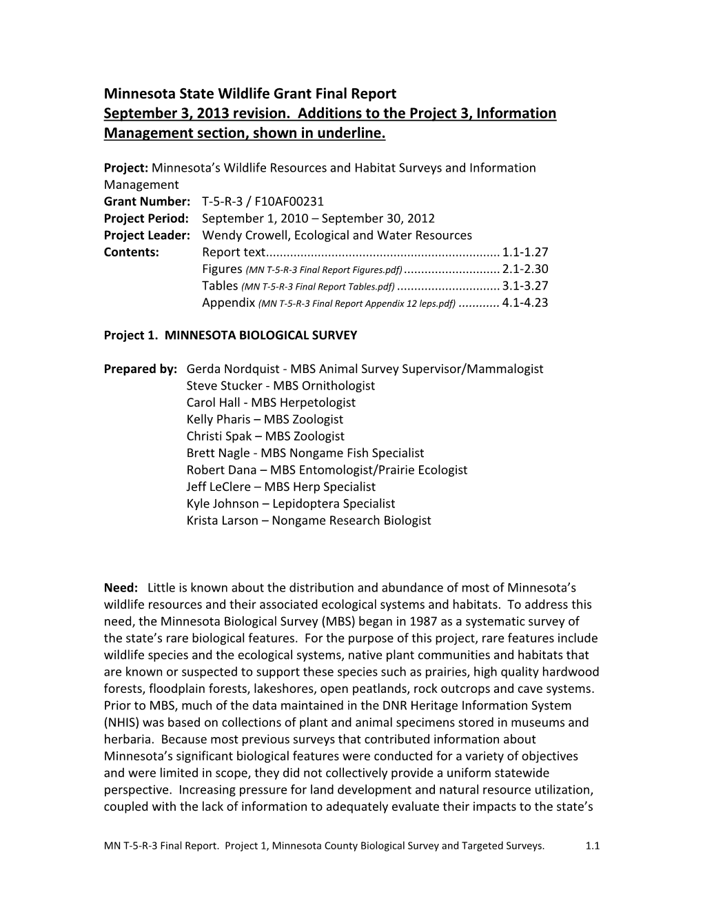 Minnesota State Wildlife Grant Final Report September 3, 2013 Revision