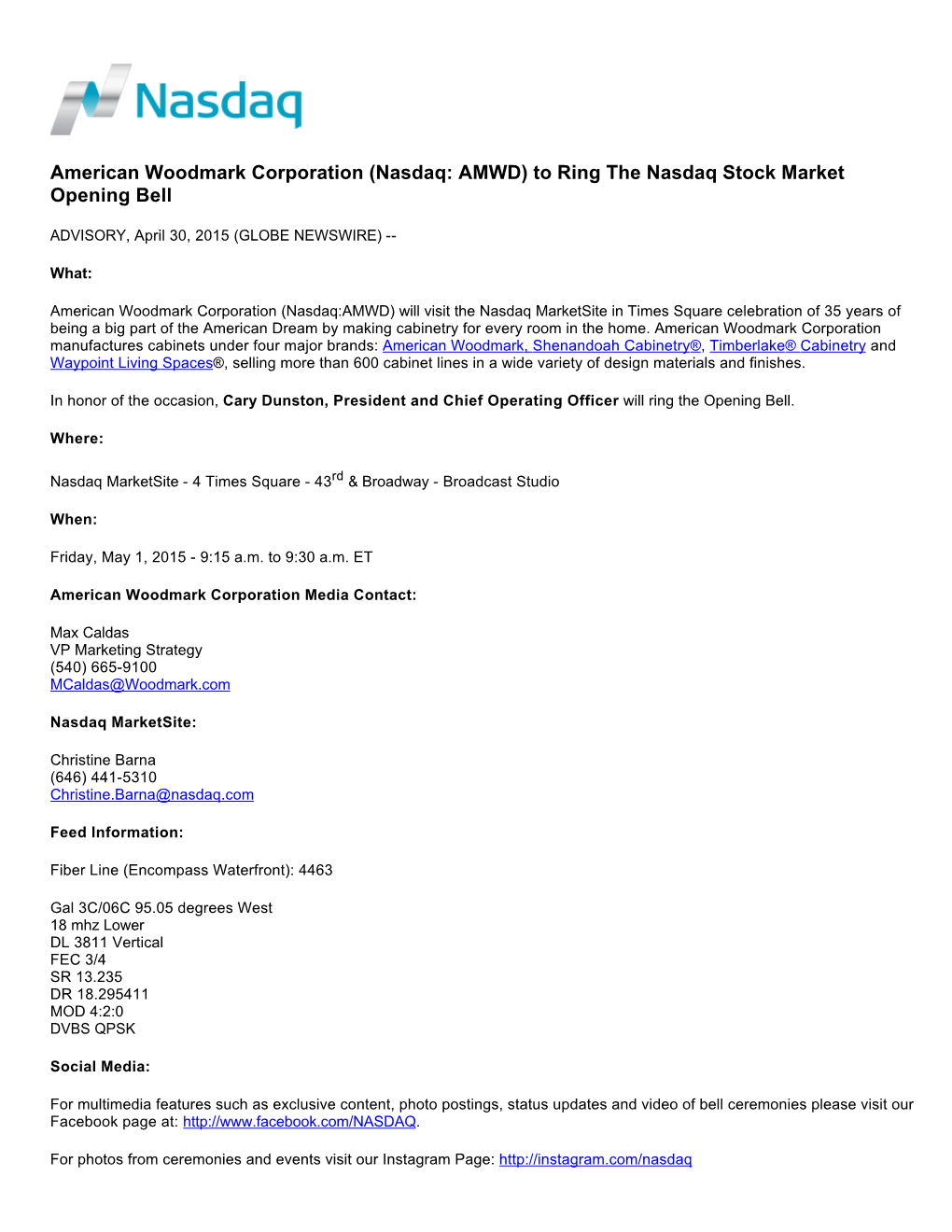 American Woodmark Corporation (Nasdaq: AMWD) to Ring the Nasdaq Stock Market Opening Bell