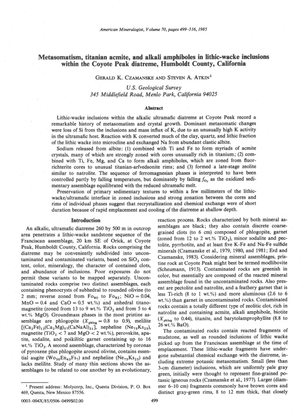 Metasomatism, Titanian Acmite, End Alkali Amphiboles in Lithic-Wacke