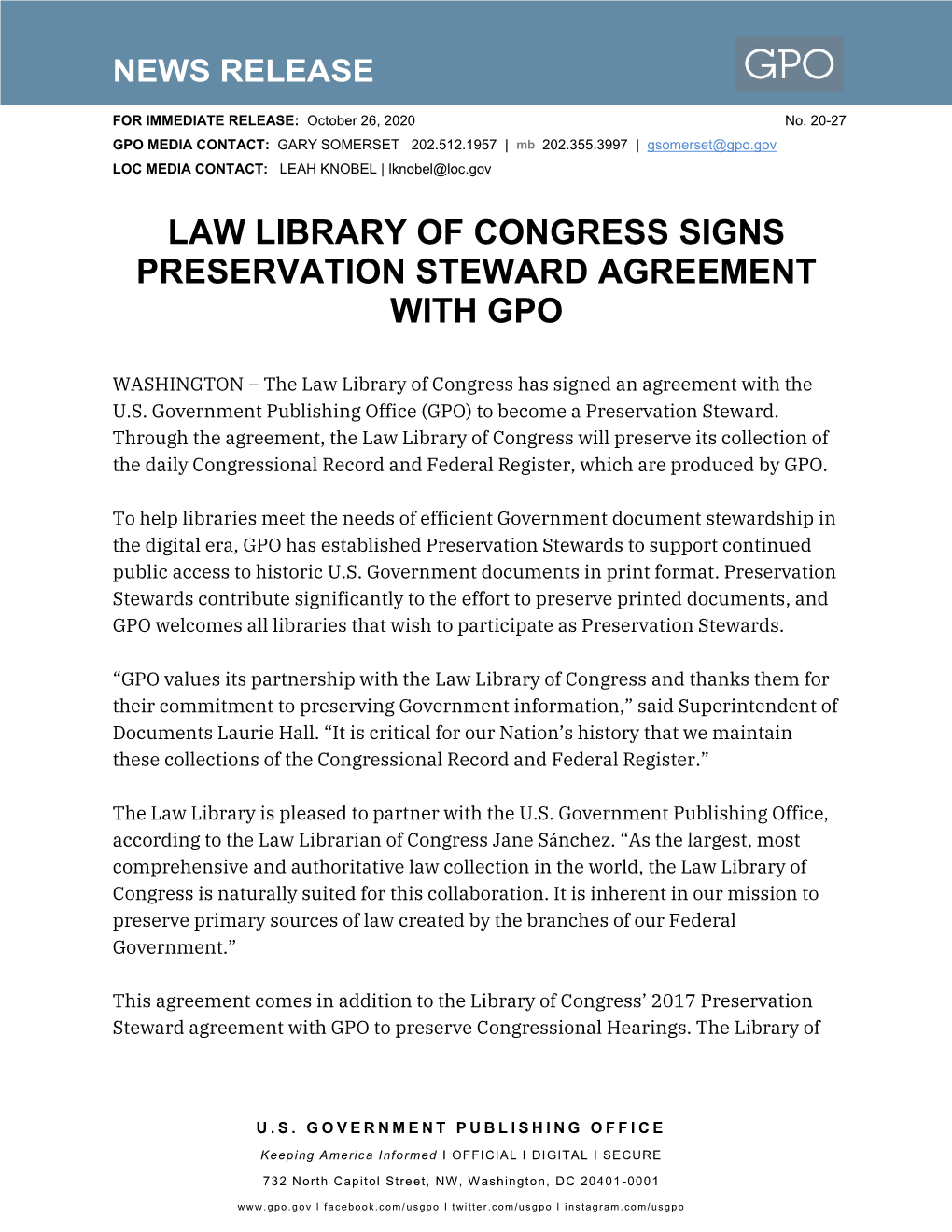 Law Library of Congress Signs Preservation Steward Agreement with Gpo