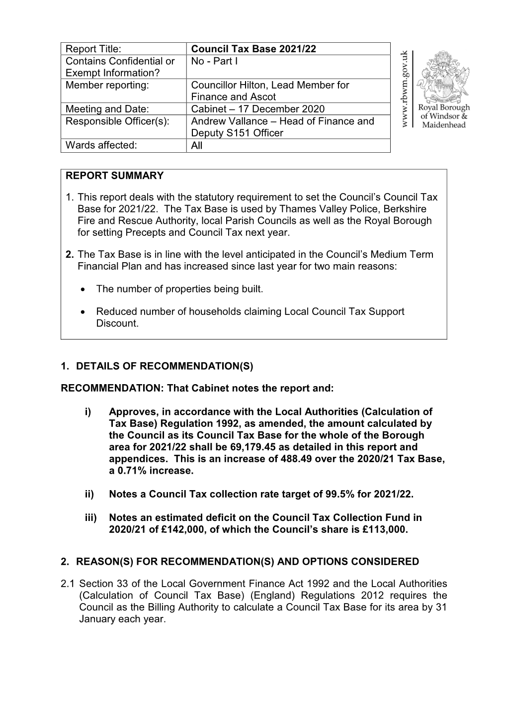 Council Tax Base 2021/22 Contains Confidential Or Exempt Information?