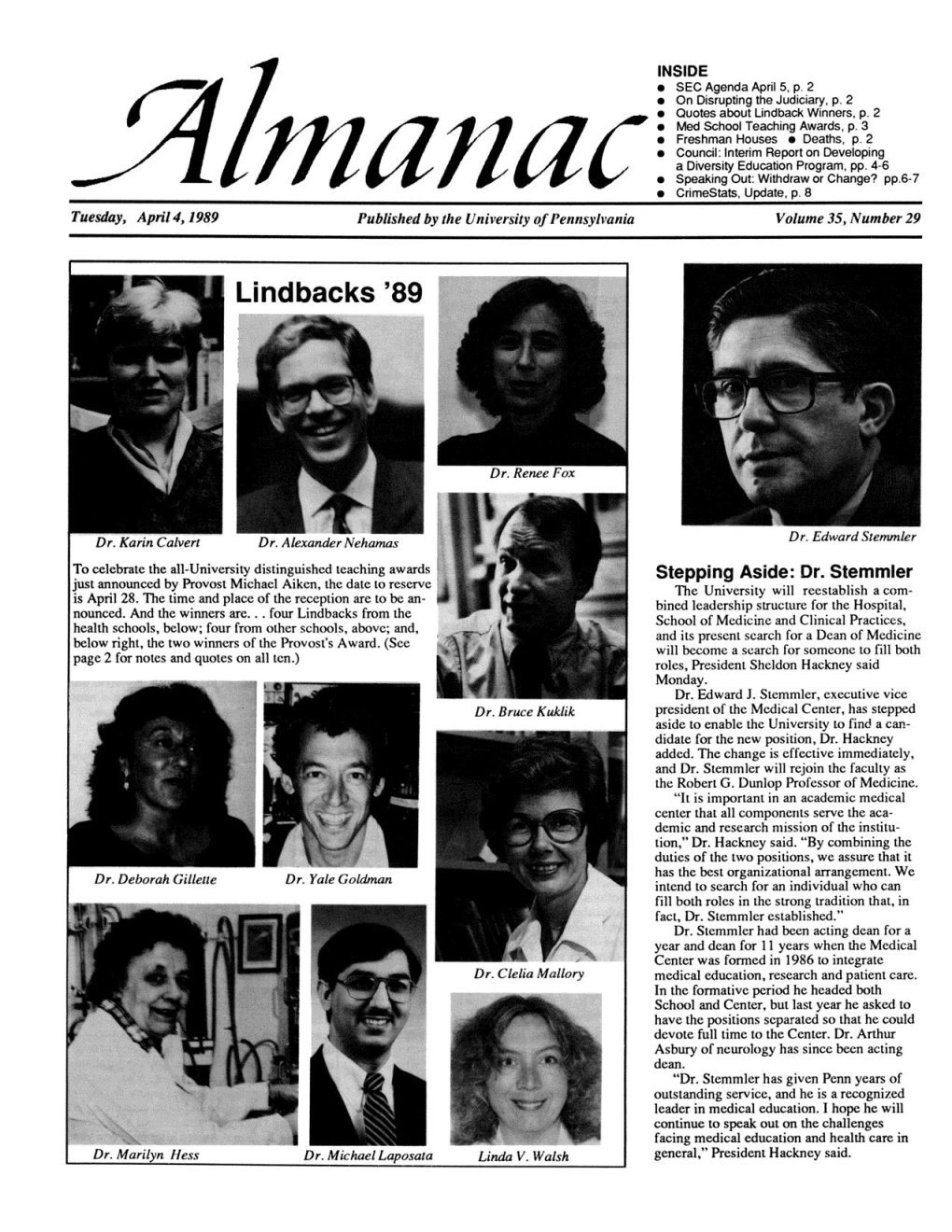 Lindback Award for Distinguished Teaching (Almanac April 4, 1989)