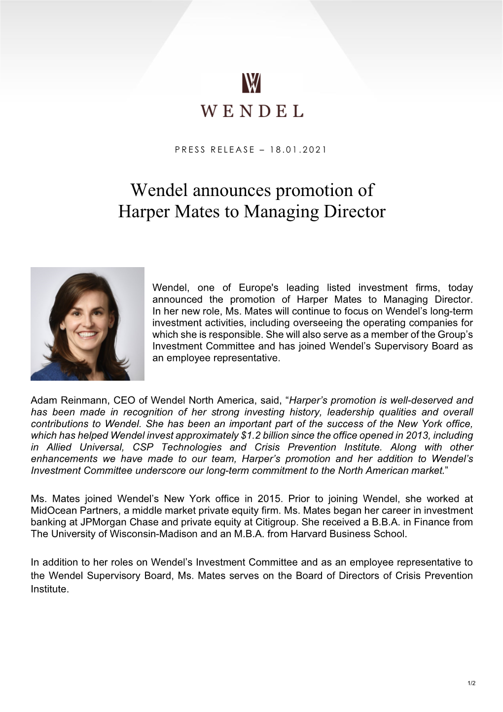 Wendel Announces Promotion of Harper Mates to Managing Director