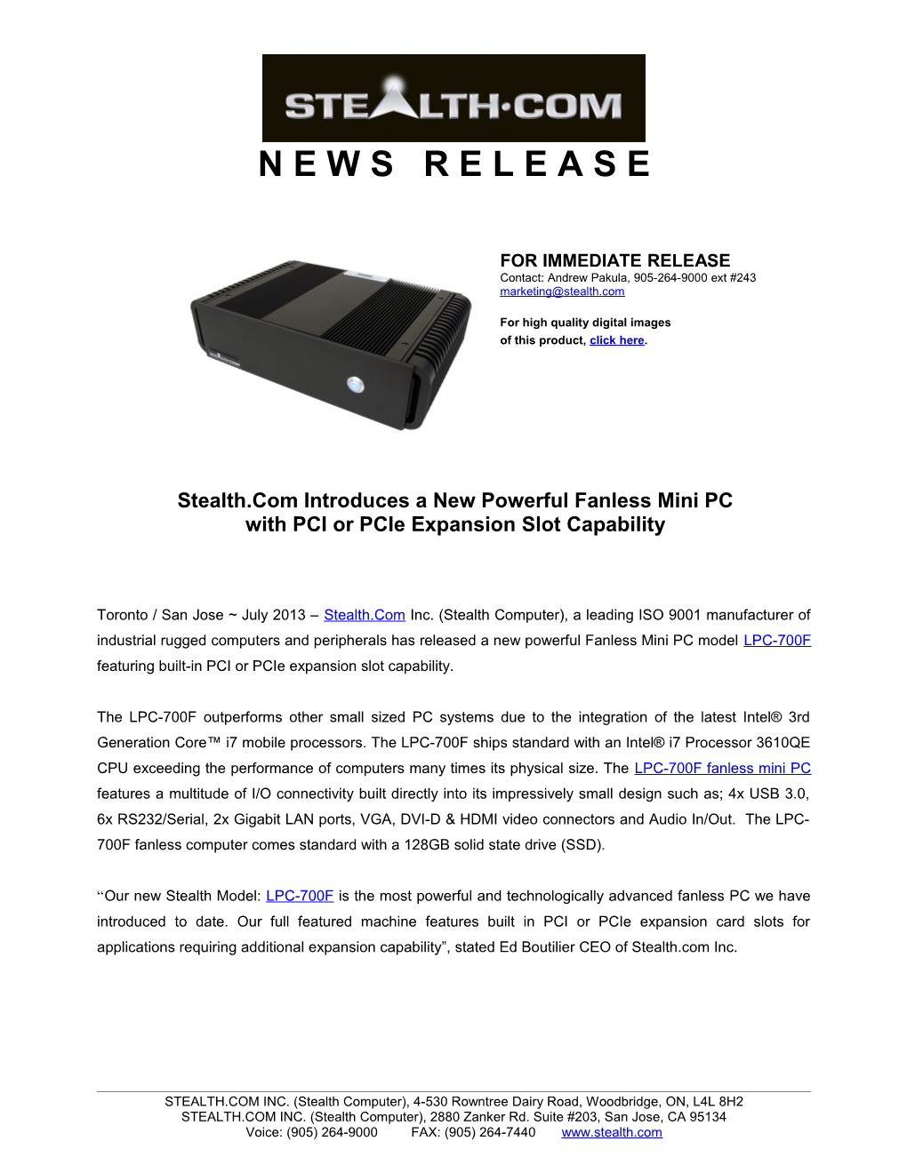 Stealth.Com Introduces a New Powerful Fanless Mini PC with PCI Or Pcie Expansion Slot Capability