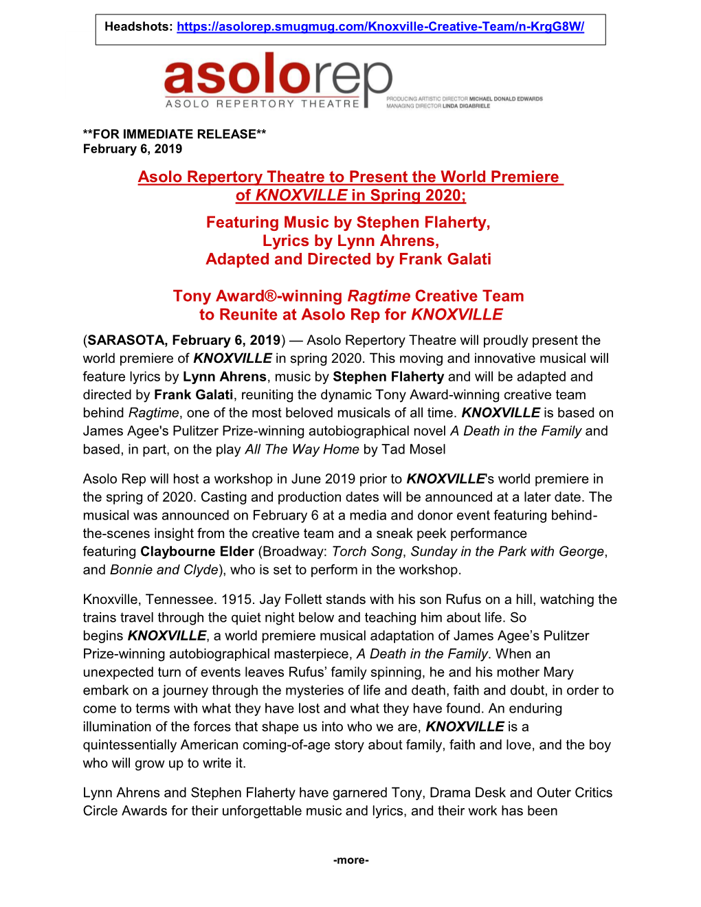 Press Release Asolo Rep Presents the World Premiere of KNOXVILLE 2020.Pdf